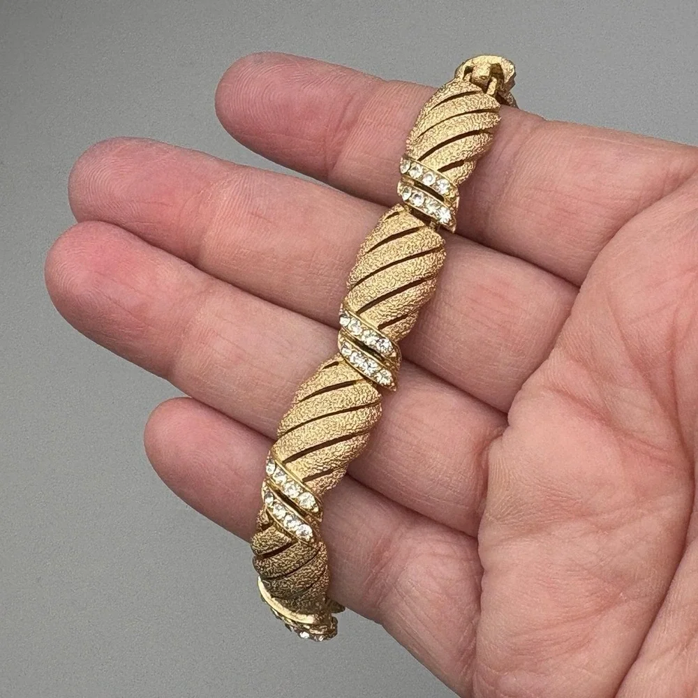 Vintage Trifari Bracelet Gold Tone Faux Rhinestones Textured MCM Elegant